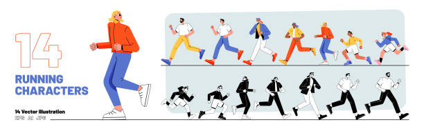 달리기 캐릭터 세트 사람들이 줄을 서고, 스포츠를 - people in a row illustrations stock illustrations