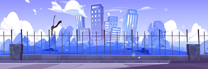 City skyline at dusk, urban view background with skyscrapers and bushes behind of metal fence under twilight blue sky with clouds. Summertime cityscape with buildings, Cartoon vector illustration