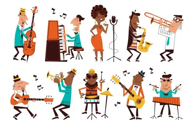 Vector illustration of Jazz musicians. Cartoon band characters, funny people, different musical instruments, cute pianist, vocalist and saxophonist, drummer and singer, tidy vector orchestra performance set