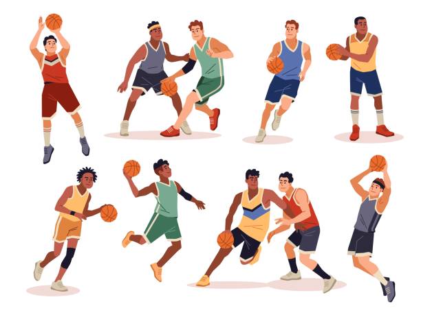 Basketball players. Athletes with ball in different poses, men handling, defense and offense, professional sport male players in uniform with orange ball, tidy vector cartoon flat set Basketball players. Athletes with ball in different poses, men handling, defense and offense, professional sport male players in uniform with orange ball, tidy vector cartoon flat style isolated set basketball player stock illustrations