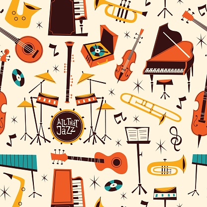 Jazz live music seamless pattern. Repeated musical instruments, comic shapes, drums, piano, trombone and saxophone, Decor textile, wrapping paper, wallpaper. Print for fabric, tidy vector background