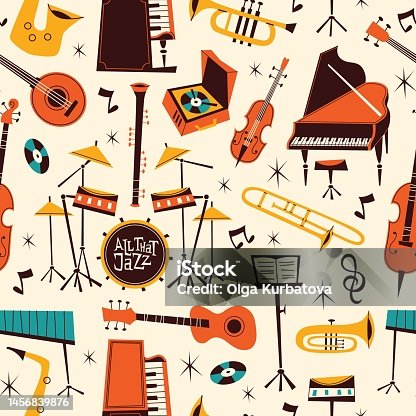 istock Jazz live music seamless pattern. Repeated musical instruments, comic shapes, drums, piano, trombone and saxophone, Decor textile, wrapping paper, wallpaper. Tidy vector background 1456839876