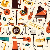 istock Jazz live music seamless pattern. Repeated musical instruments, comic shapes, drums, piano, trombone and saxophone, Decor textile, wrapping paper, wallpaper. Tidy vector background 1456839876