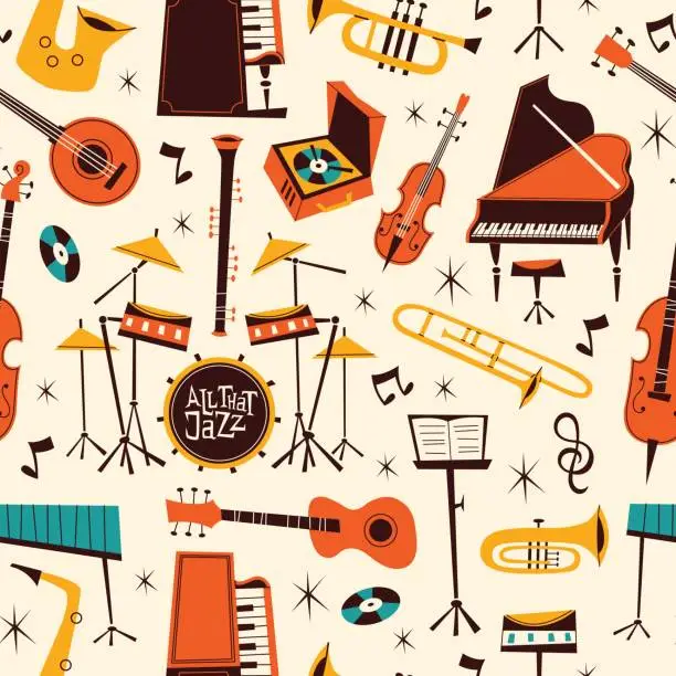 Vector illustration of Jazz live music seamless pattern. Repeated musical instruments, comic shapes, drums, piano, trombone and saxophone, Decor textile, wrapping paper, wallpaper. Tidy vector background