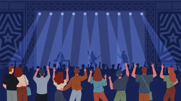 Vector illustration of Audience at concert. People at rock concert, spectators back view, applauding crowd, music festival, musicians silhouettes on stage, nightclub party show nowaday vector cartoon flat set