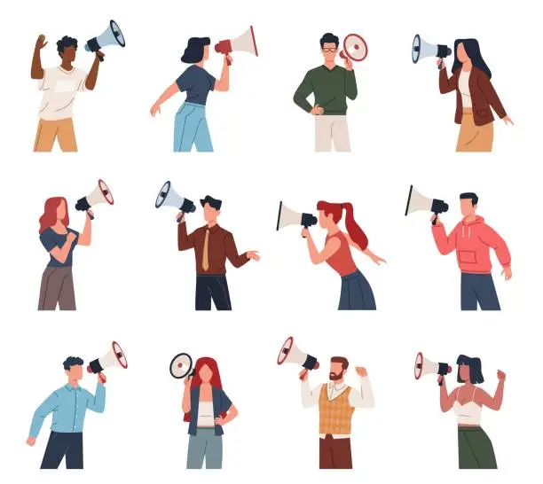 Vector illustration of People with megaphone. Men and women characters talking, shouting into loudspeakers in different poses, vociferous event audio announcement. Public relations nowaday vector cartoon flat set