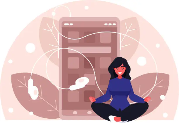 Vector illustration of Woman doing yoga with music