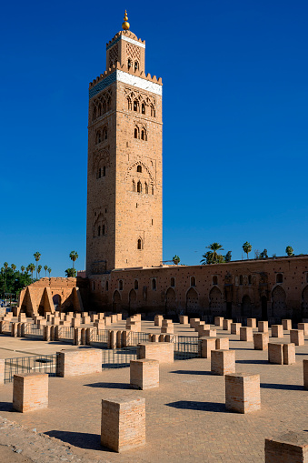 Vertical view of famous Koutoubia mosque, Marrakech, Morocco.