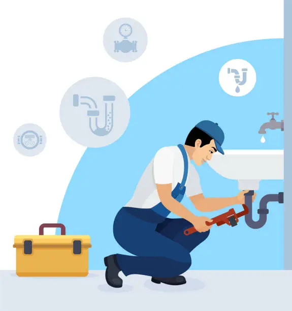 Vector illustration of Professional plumber at work.