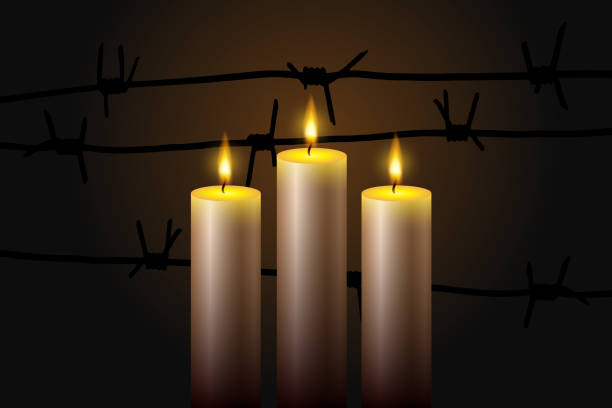 ilustraciones, imágenes clip art, dibujos animados e iconos de stock de día internacional de recordación del holocausto. tres velas encendidas y con alambre de púas sobre fondo negro. - genocide