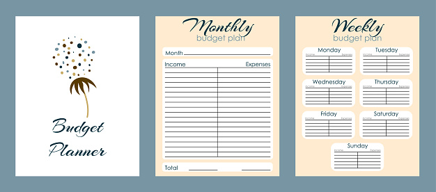Budget planner page design template with Dandelion print. Monthly and weekly budget plan template. Vector illustration