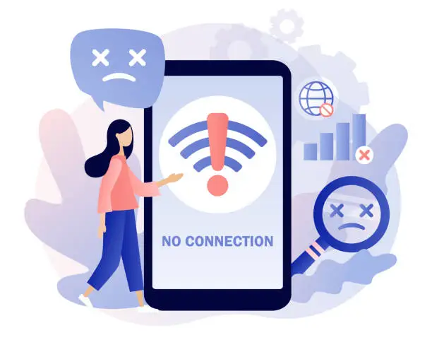 Vector illustration of No internet connection on smartphone. Wireless connectivity disconnect. Error connection wifi. No signal network. Modern flat cartoon style. Vector illustration on white background