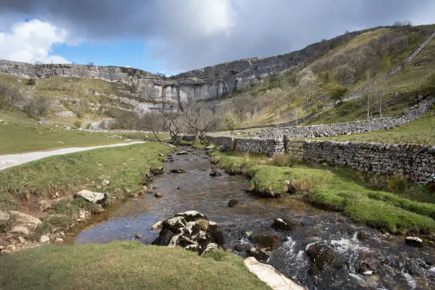 Malham Cove in the heart of the Yorkshire Dales with sun and rain clouds forming