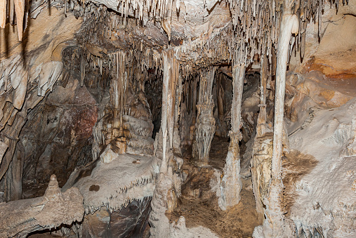 Lehman Cave in Great Basin National Park, near Baker Nevada. In the Snake Mountain Range which contains limestone. The limestone has been removed by water and carbon dioxide to create the cave and the internal structures.  Columns result when a stalactite and a stalagmite join.