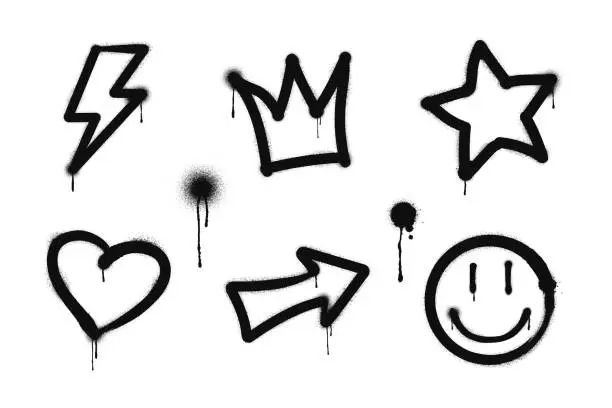 Vector illustration of Graffiti drawing symbols set. Painted graffiti spray pattern of lightning, arrow, crown, star, heart and smile. Spray paint elements. Street art style illustration.
