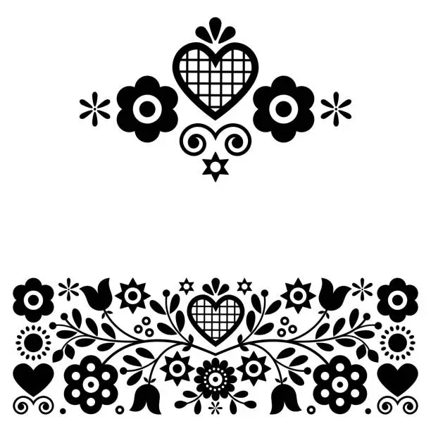 Vector illustration of Retro Polish floral folk art vector greeting card or seamless black pattern inspired by old highlanders embroidery Lachy Sadeckie from Nowy Sacz in Poland