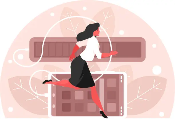 Vector illustration of Businesswoman run on progress bar