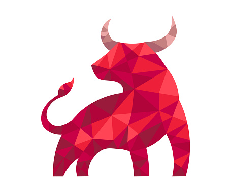 Illustration of a low poly red bull on a white background. Silhouette of an animal. Buffalo horn. Bullfighting. Zodiac sign Taurus. Vector illustration.