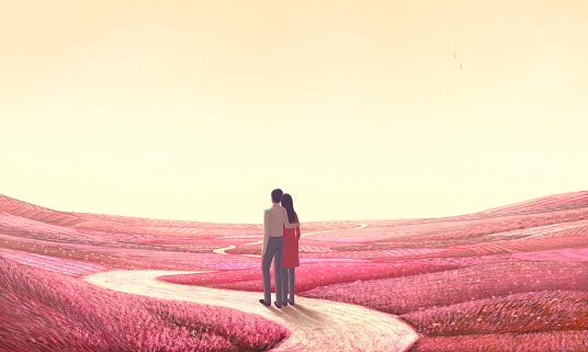 Couple in love in fantasy pink nature landscape. Concept art of wedding, and Valentine's day. Conceptual 3d illustration. painting artwork.