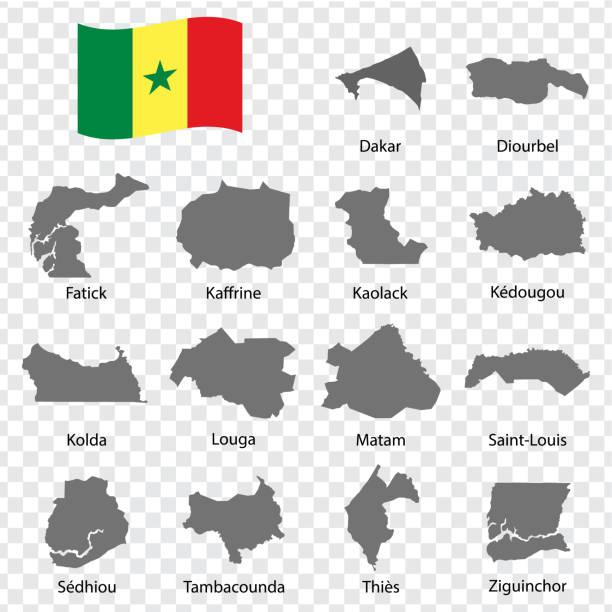 czternaście map senegalu - porządek alfabetyczny z nazwą. każda mapa prowincji jest wymieniona i wyodrębniona ze sformułowaniami i tytułami.  republika senegalu. eps 10. - senegal dakar region africa map stock illustrations