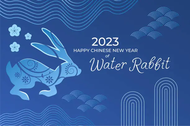 Vector illustration of Заголовок: Chinese New Year blue banner, 2023 year card with blue water decorative rabbit, oriental elements and 2023 numbers, web banner, poster.