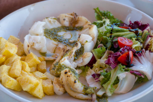 Roasted cuttlefish with fries and salad on plate Spain