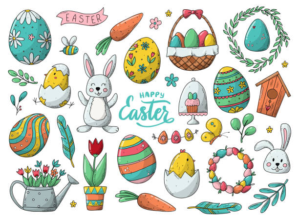 Easter doodles set, clip art for stickers, prints, cards Easter doodles, cartoon sketches for stickers, prints, cards, signs, labels, icons, etc. EPS 10 easter cake stock illustrations