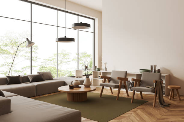 istock Light chill interior with soft place and decoration near window. Mockup wall 1456865402