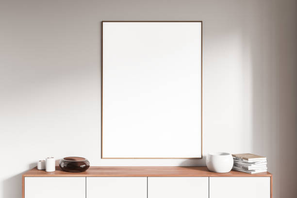 istock Stylish gallery room interior with sideboard and decoration, mockup frame 1456866331