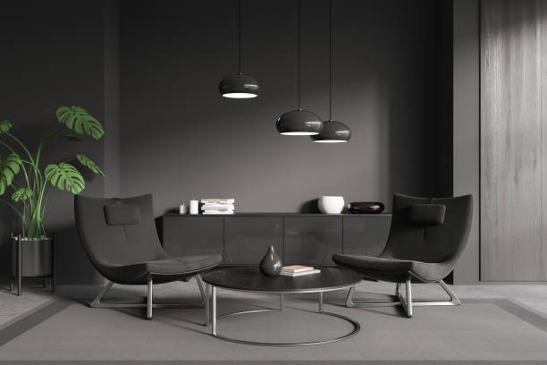 istock Front view on living room interior with coffee table, armchairs 1456866569