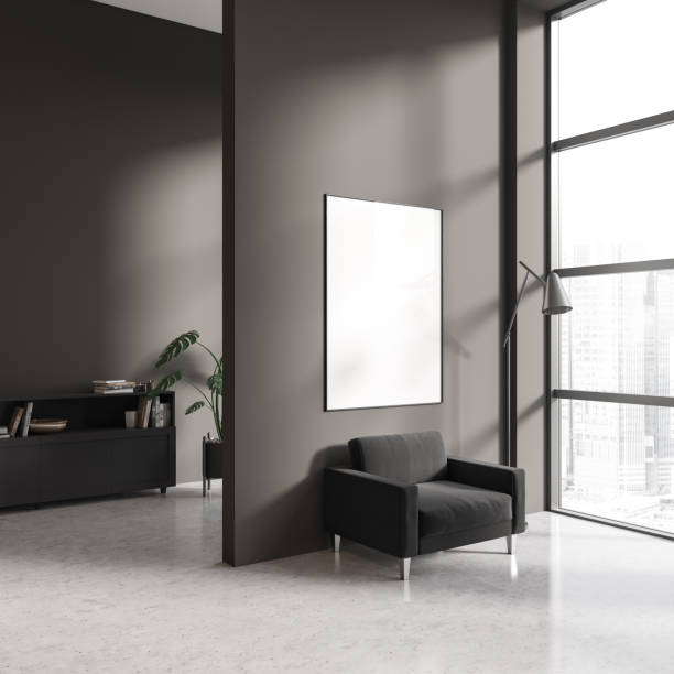 istock Corner view on dark living room interior with empty poster 1456866915