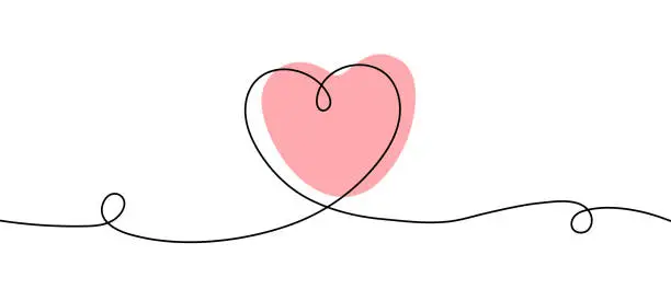 Vector illustration of Continuous line in shape of heart. Pink heart. St Valentine's day sign. Doodle abstract love symbol. Minimalism. One line art. Thin line sketch. Flat design.