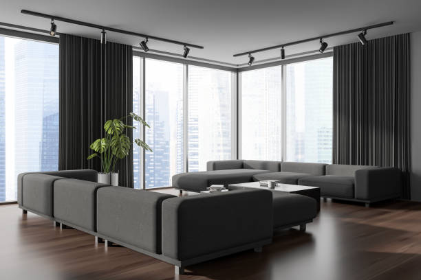 istock Corner view on dark living room interior with panoramic window 1456868193