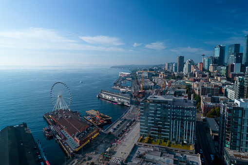 Aerial view on pacific ocean from sowntown of Seattle state Washington. Park in Seattle