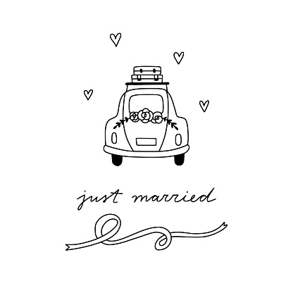 Wedding car vector illustration. Hand drawn wedding doodle car. Just married cute poster