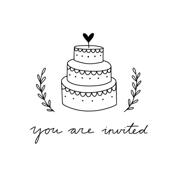 tort weselny ręcznie rysowana ilustracja. grafika słodkiego ciasta na wesele lub przyjęcie urodzinowe - tort weselny stock illustrations