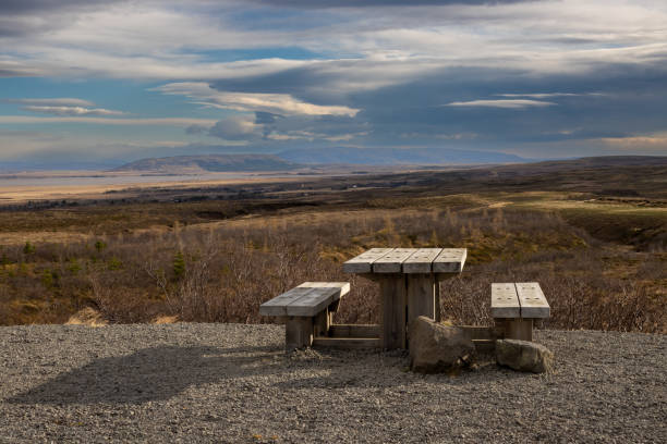 Desk with banches and a country, Iceland