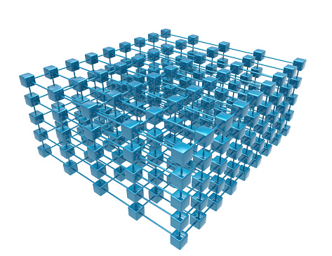 cube grid with different sized silver boxes symbolizing data in a storage system - 3D rendered illustration