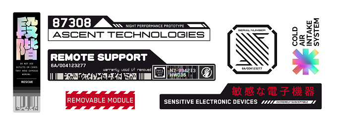 Cyberpunk stickers. Science fiction decals for futuristic design. Inscriptions and symbols. Japanese hieroglyphs for sensitive electronic devices, step.