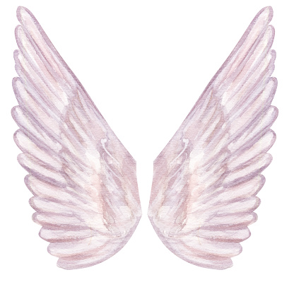 Beautiful magic white blue pink angel wings. Hand drawn watercolor illustration. Design element, ideal for postcards, invitations.