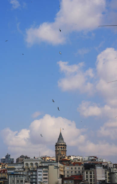 Fisherman`s fishes in front of The Galata Tower in Istanbul, Turkey.