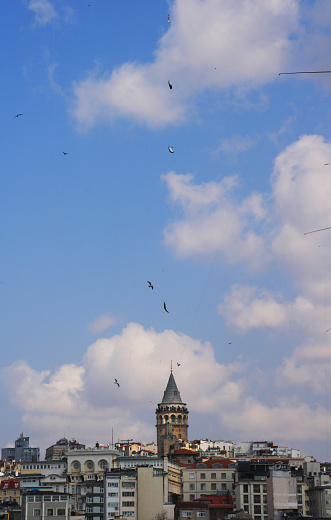 Fisherman`s fishes in front of The Galata Tower in Istanbul, Turkey.