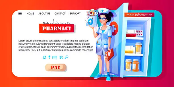 Vector illustration of Medicine and health concept in cartoon style. Web page or template for a pharmacy or medical facility. Medical first aid kit with medicines and with a young girl pharmacist on an abstract color background with a place for text.