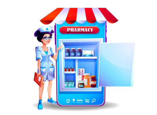 Vector illustration of Medicine and health concept in cartoon style. Web page or template for a pharmacy or medical facility. Medical first aid kit with medicines and a young girl pharmacist on the background of the phone.