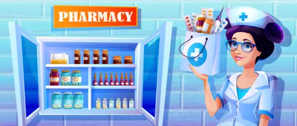 Vector illustration of Medicine and health concept in cartoon style. Young pharmacist girl with pills and medicines on the background of the pharmacy interior.