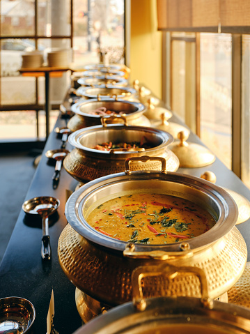 A buffet in an Indian restaurant.