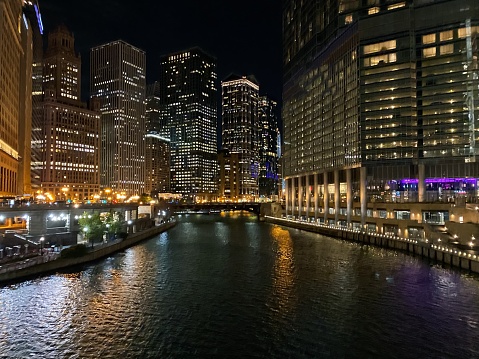 The Chicago skyline at night along the Chicago River.