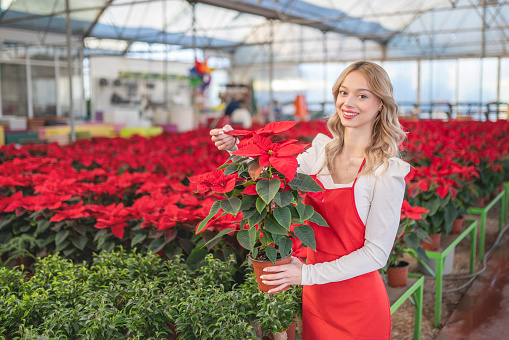 Young woman is looking at camera while she is smiling. There are red flowers on the background.