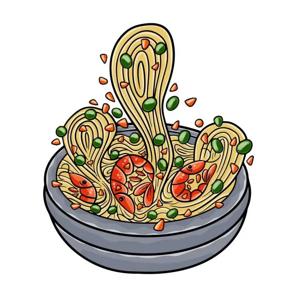 Vector illustration of Chow Mein. Stimfried noodles with the meat?poultry and vegetables. Chinese food. Vector image isolated.