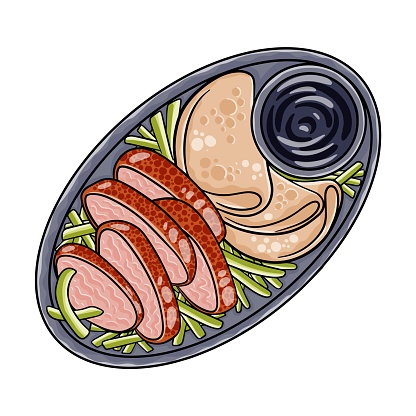 Peking Duck. The duck is eaten with spring onion, cucumber and sweet bean sauce with pancakes rolled around the fillings. Chinese food. Vector image isolated.